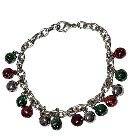 Holiday Jingle Bell Charm Bracelet Christmas Jewelry Red Green Silver Tone Chain - Picture 1 of 4